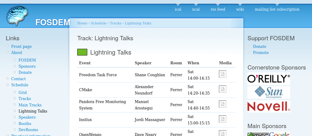 Screenshot of FOSDEM 2007 lightning talk schedule